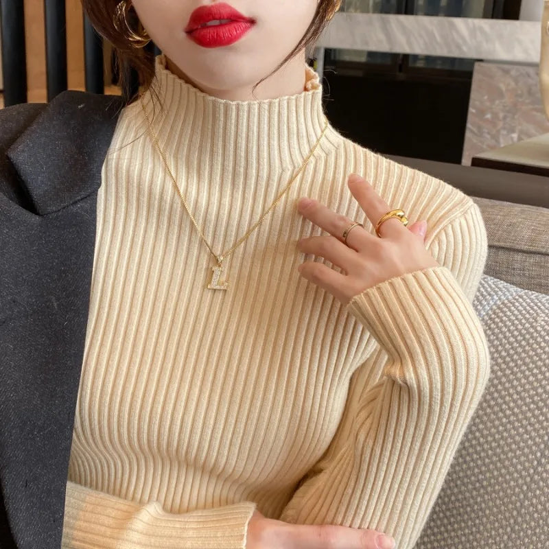 Long Sleeve Mock Neck Knitted Women Sweater