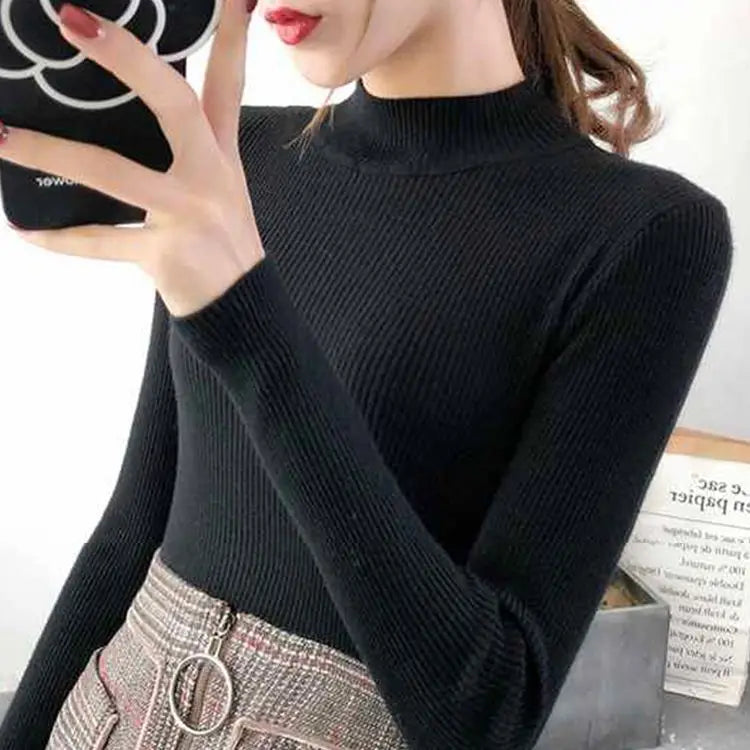 Women Sweater Vintage Basic Solid Knitted Tops Casual Slim Pullover