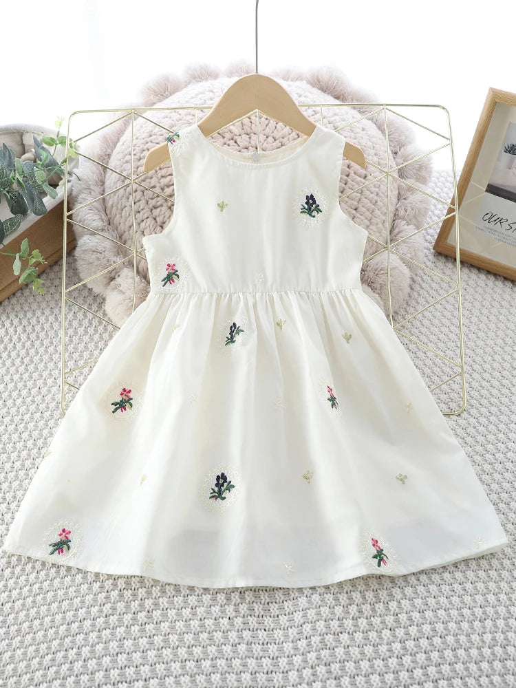 Casual Dress Girls' Clothing Refreshing Embroidered Vest Dress for 2-6Y