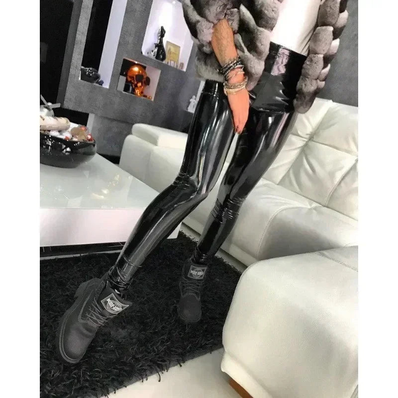 Black PU Leather Tights Women High Waist Pant