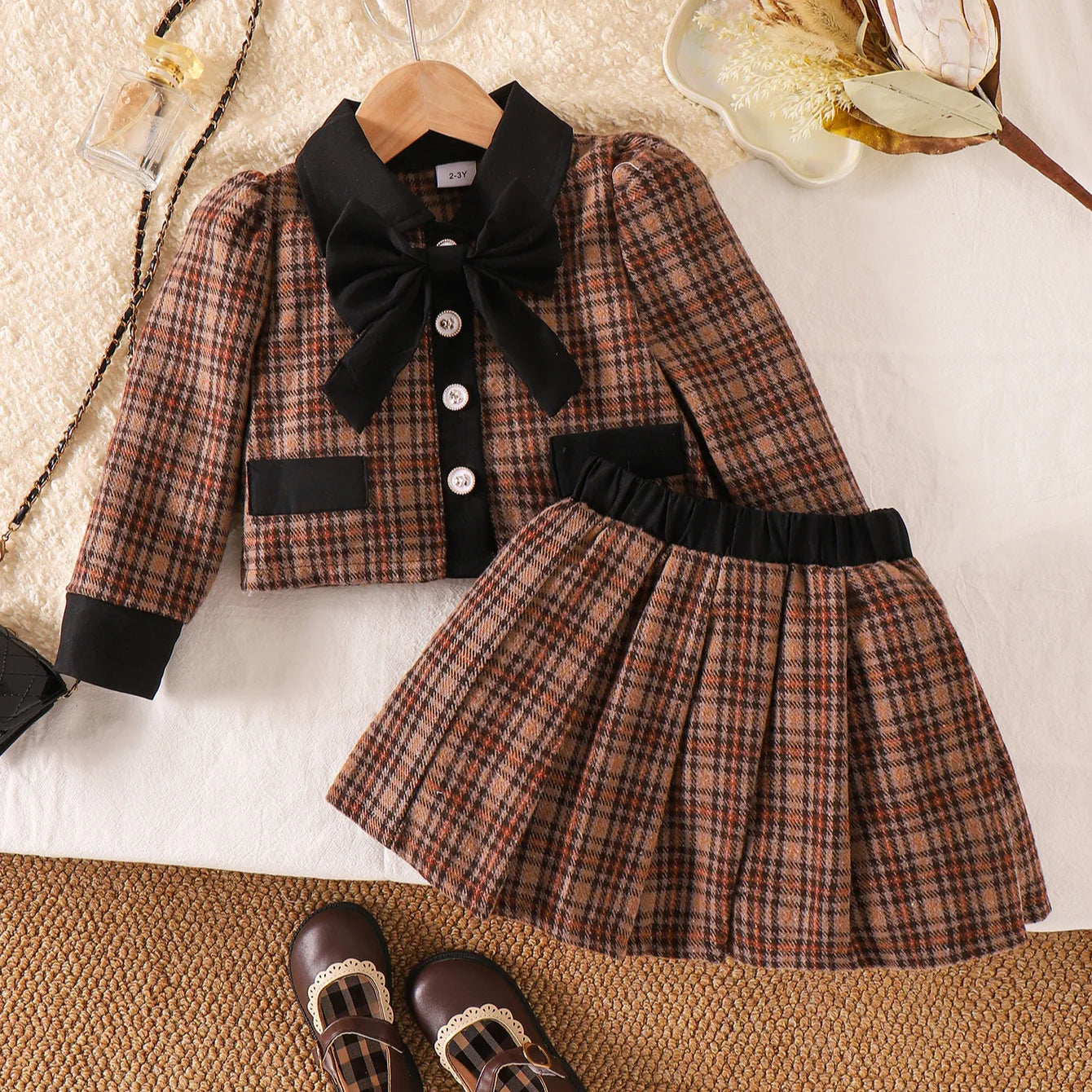 Girls Fashion Plaids Long Sleeve Coat Pleated Short Skirt Two Sets