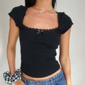 y2k Vintage Baby Tee Cottage Lace Trim Knitted T-Shirt