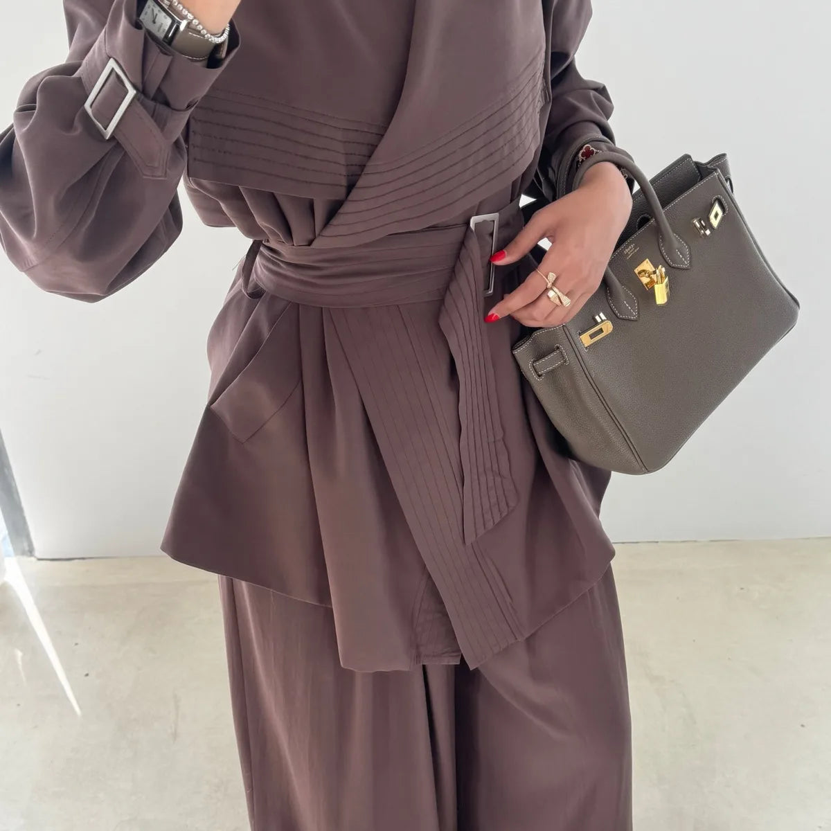 Solid Color Two-Piece Set Casual Lapel Blazer Belted High Waist Wide Leg Pants