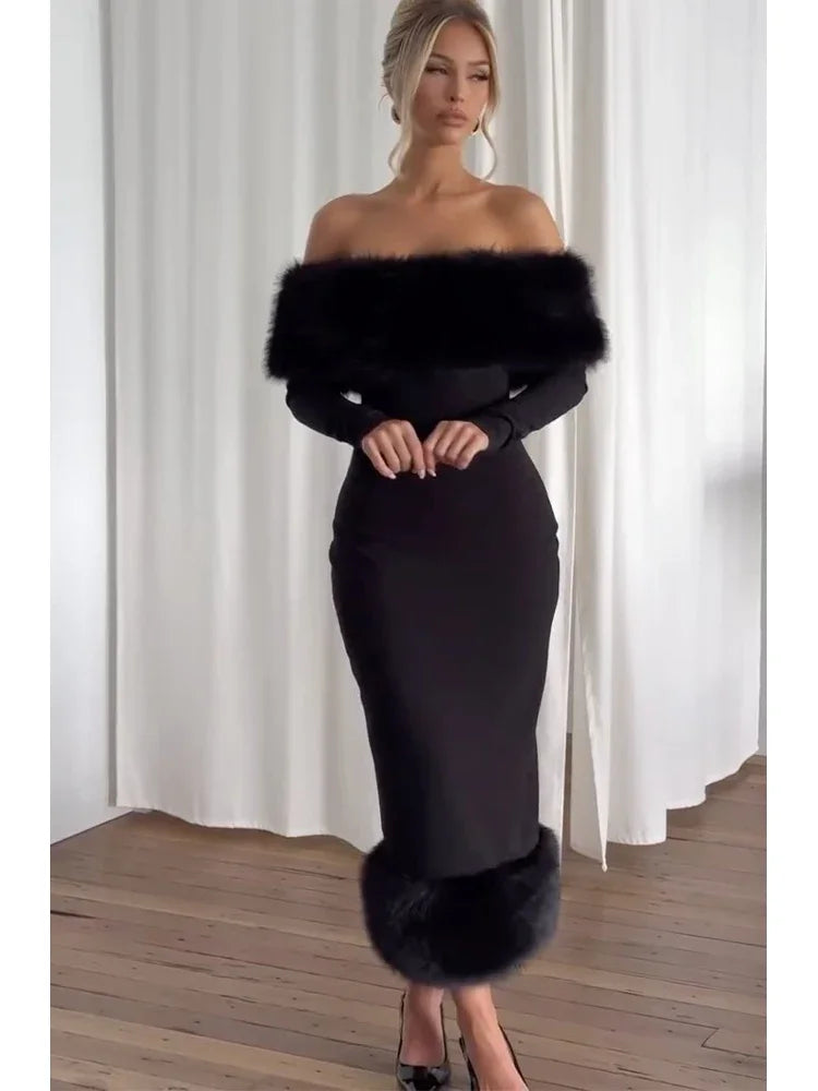 Off Shoulder Faux Fur Patchwork Dress