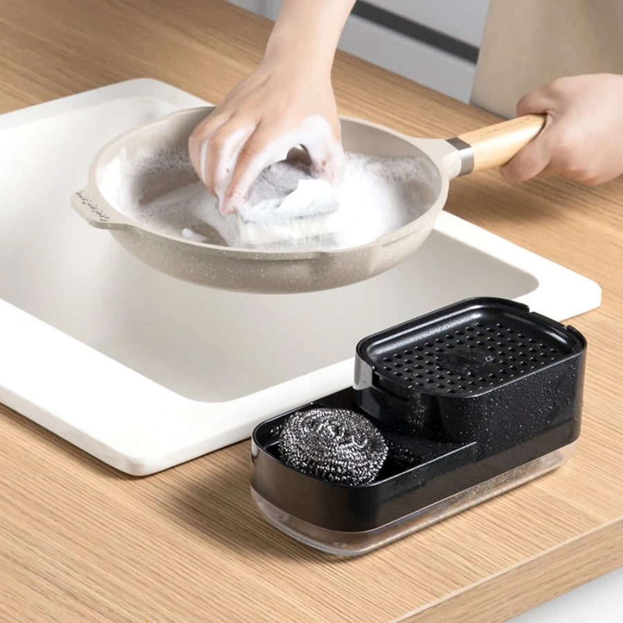 Kitchen dishwashing soap dispenser with sponge holder