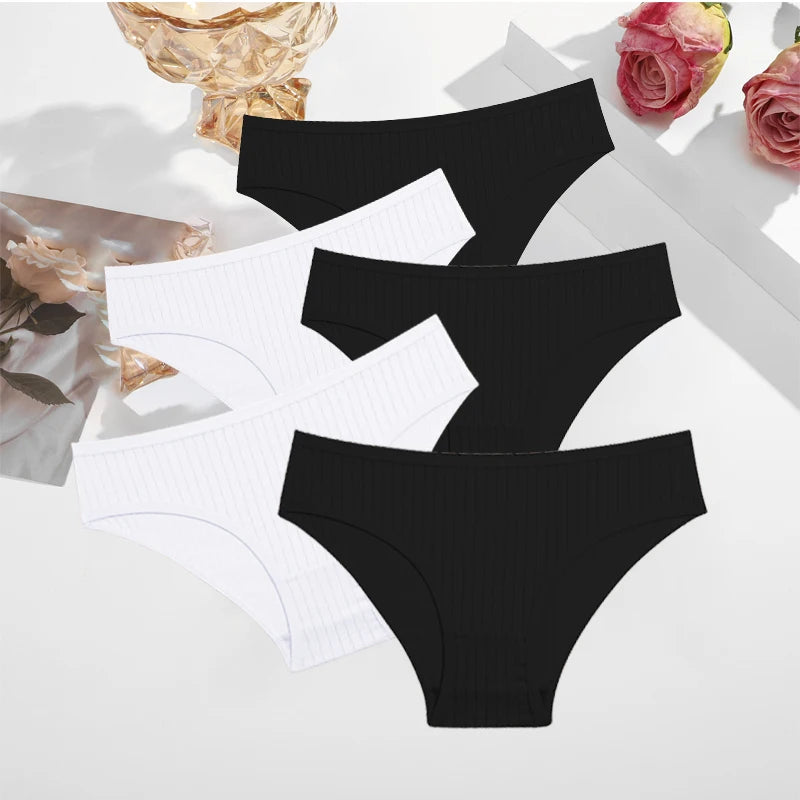 FINETOO 5PCS/SET Cotton Ribbed Striped Underwear
