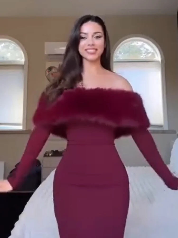 Off Shoulder Faux Fur Patchwork Dress