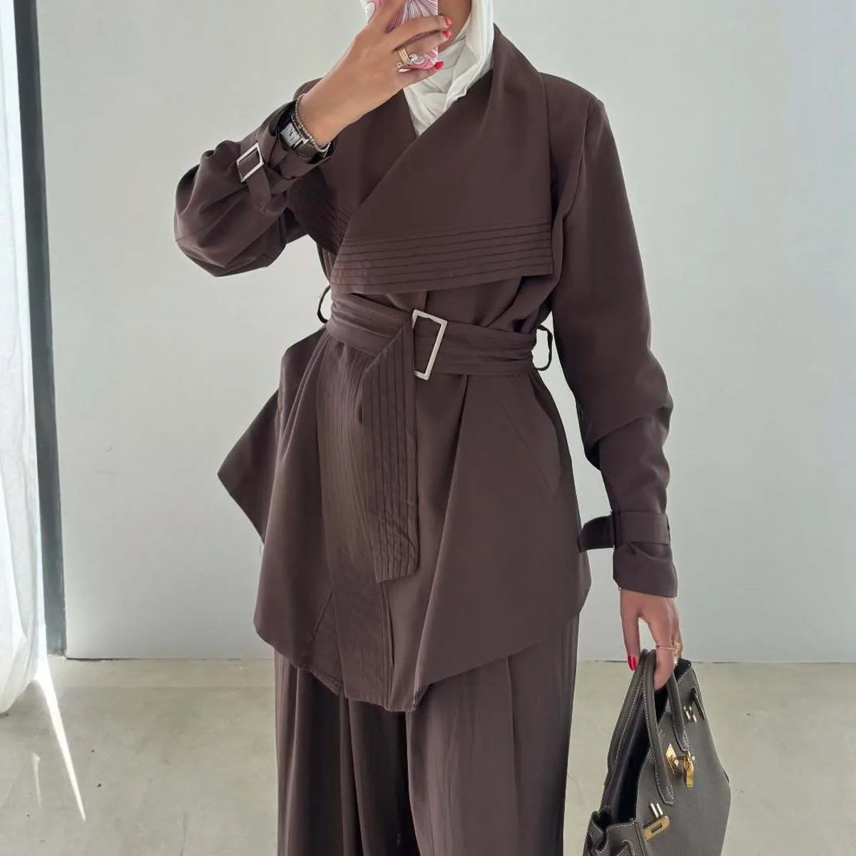 Solid Color Two-Piece Set Casual Lapel Blazer Belted High Waist Wide Leg Pants