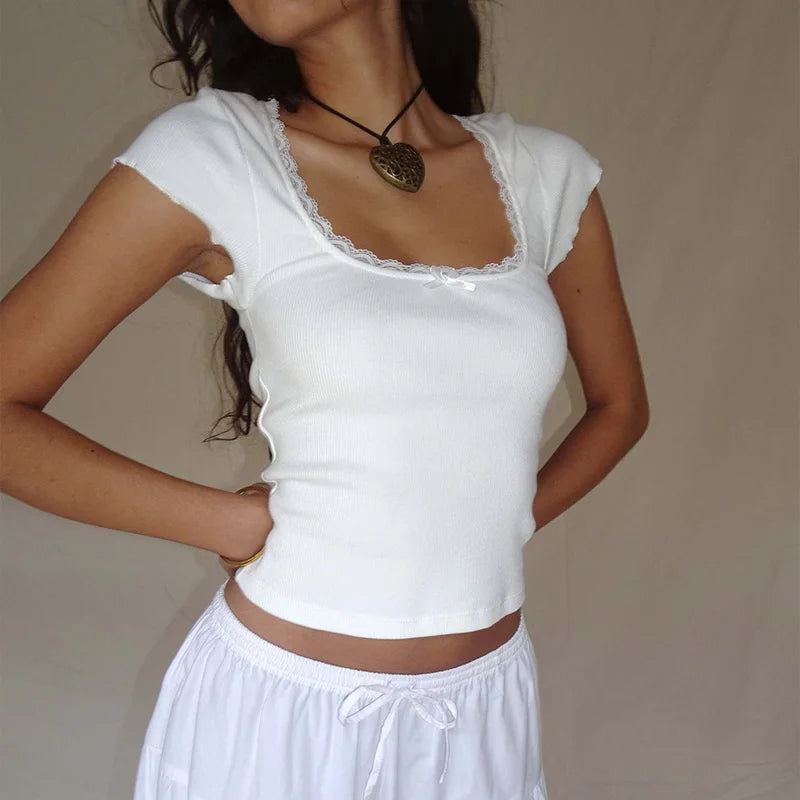 y2k Vintage Baby Tee Cottage Lace Trim Knitted T-Shirt