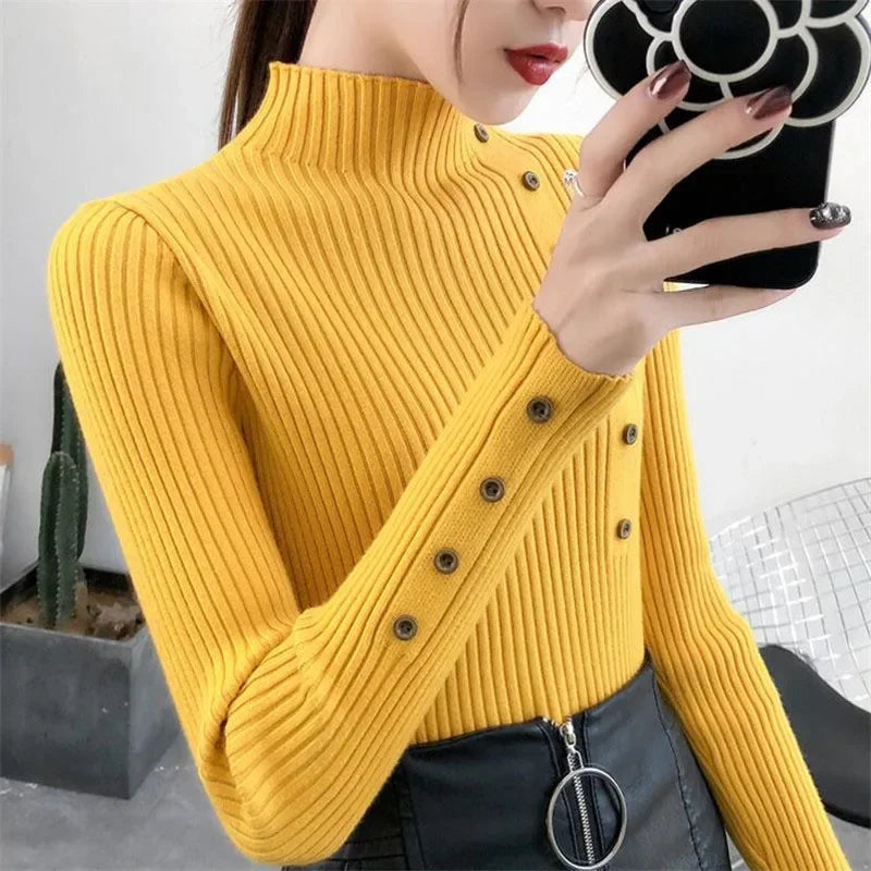 Female Cotton Soft Elastic Color Slim Pullovers Button Full Sleeve