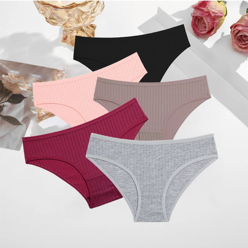 FINETOO 5PCS/SET Cotton Ribbed Striped Underwear