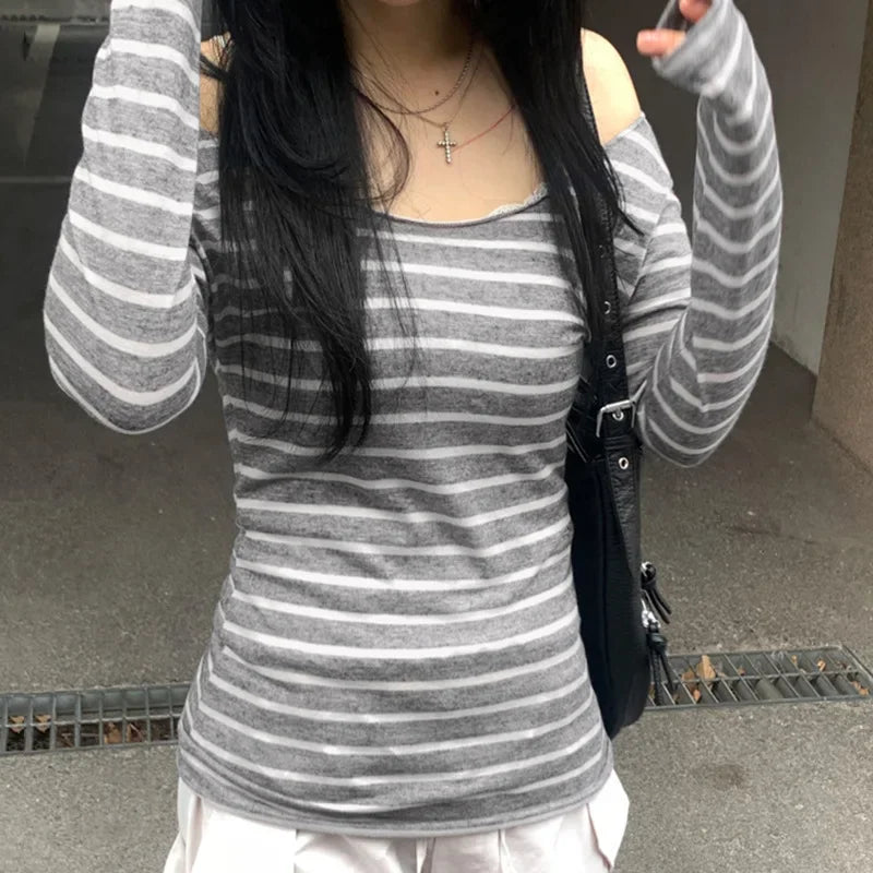 Women's New Models Slim Long-Sleeved Striped t-Shirt Strapless