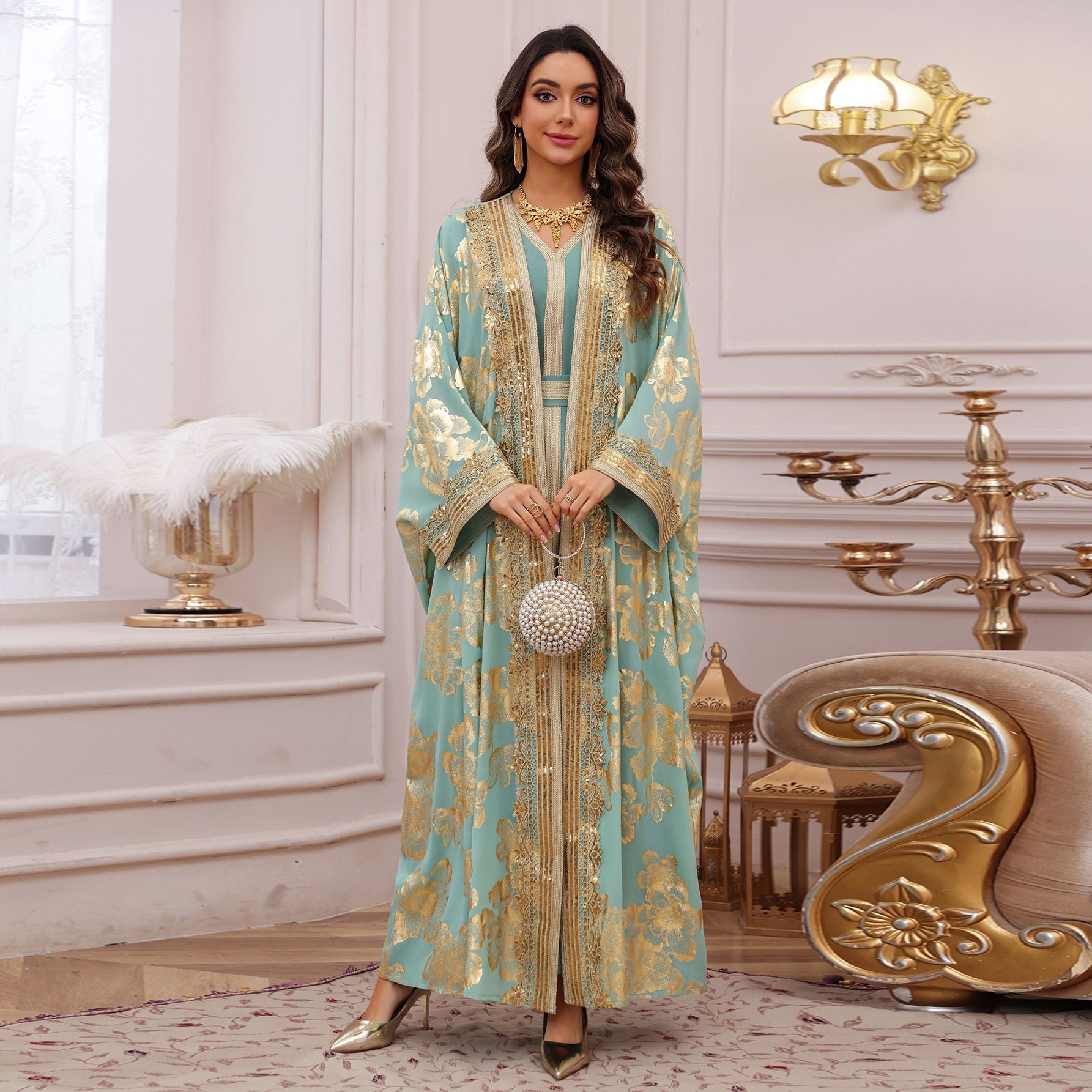 Womens Fashion Gold-Embossed Robe Dress Set