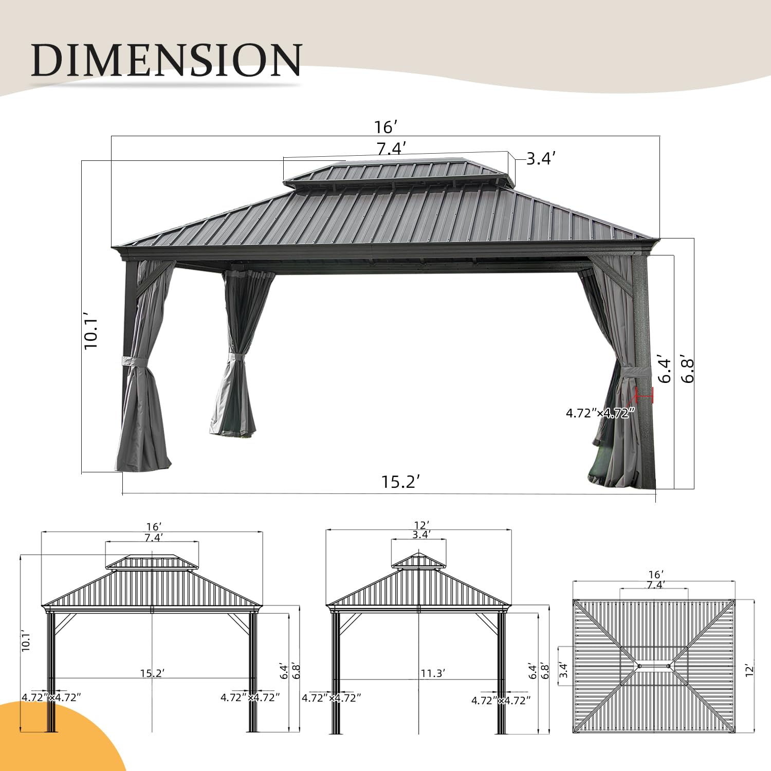 12  X 16  Hardtop Outdoor Metal Gazebo